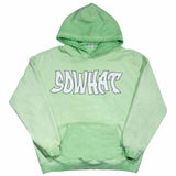 Green reversed background fleece hoodie with anti-bottom frying process.