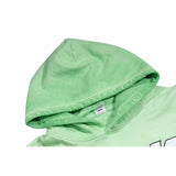 Green reversed background fleece hoodie with anti-bottom frying process.
