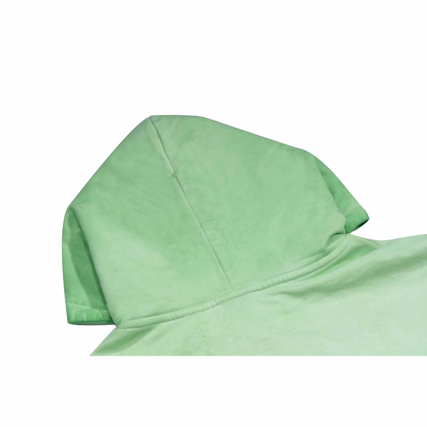 Green reversed background fleece hoodie with anti-bottom frying process.
