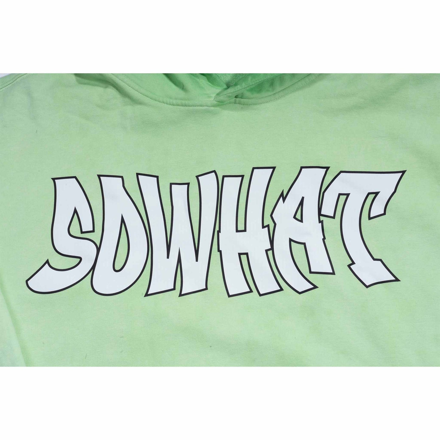 Green reversed background fleece hoodie with anti-bottom frying process.